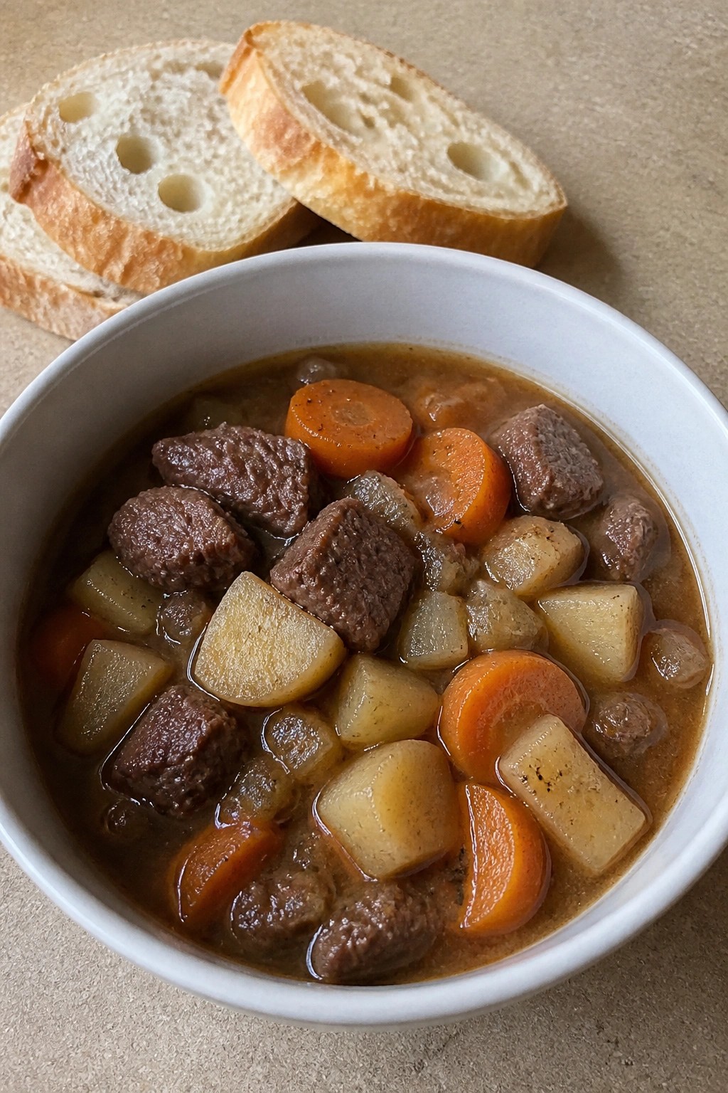 Slow Cooker Beef Stew with Root Vegetables and Crusty Bread