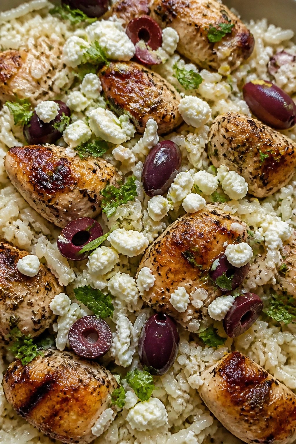 Greek Lemon Chicken Rice with Olives and Feta