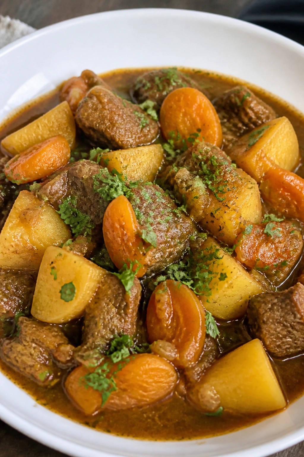 Moroccan Spiced Beef Potato Stew with Apricots