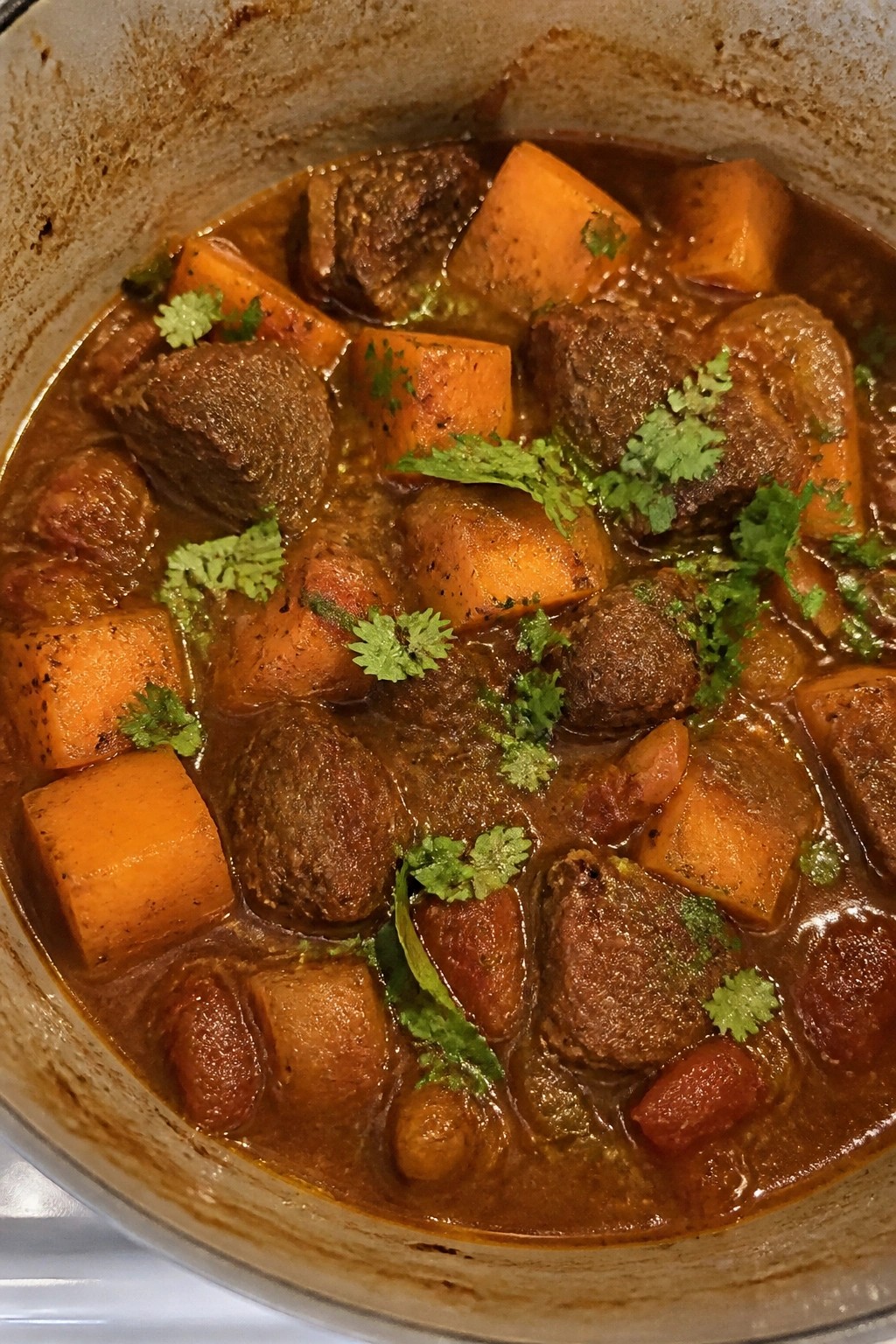 Harissa-Spiced Lamb Stew with Sweet Potatoes and Cilantro
