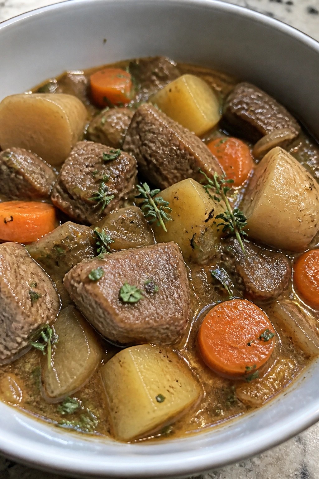Hearty Beef Stew with Turnips, Potatoes, and Thyme