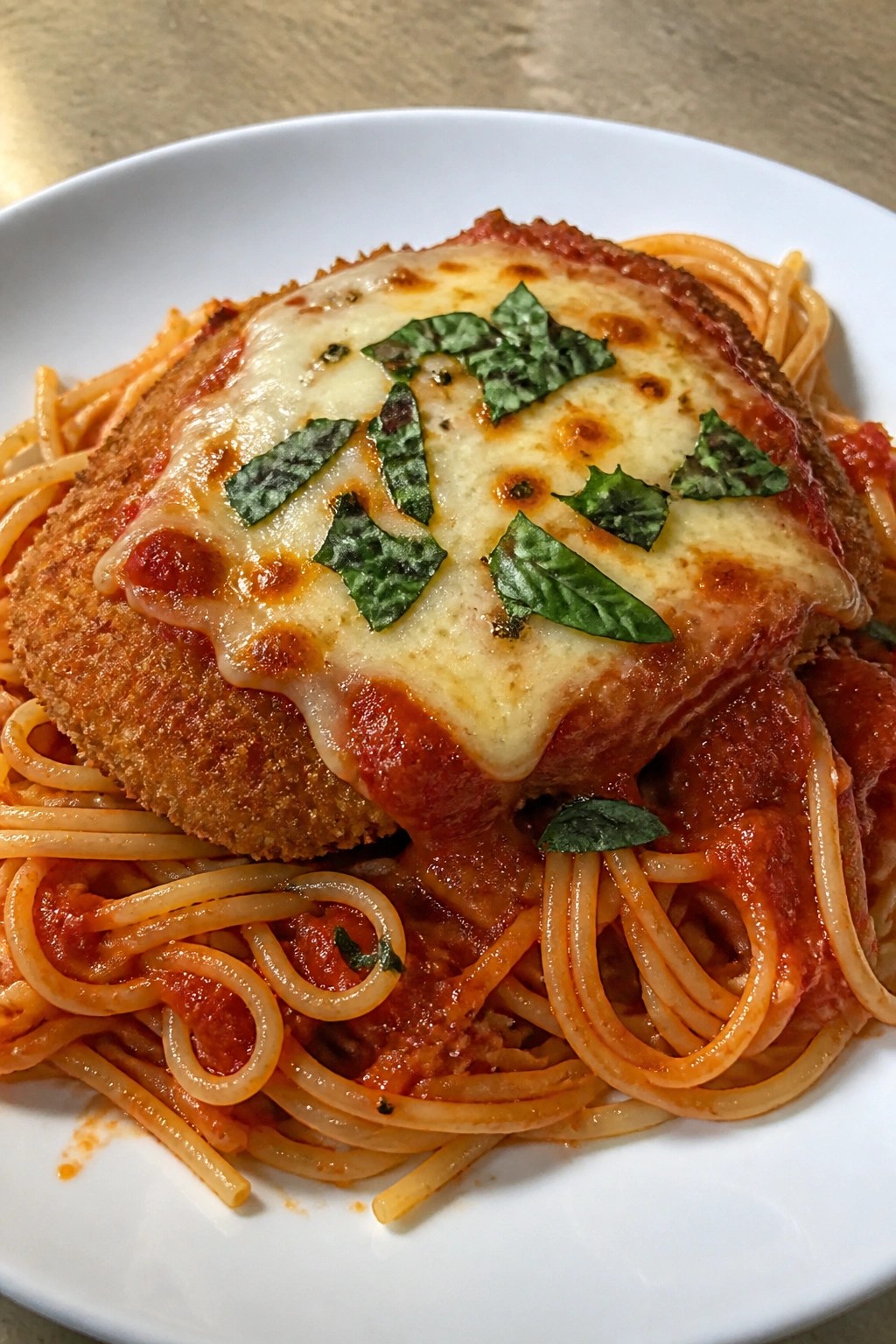 Crispy Baked Chicken Parmesan with Spaghetti and Marinara