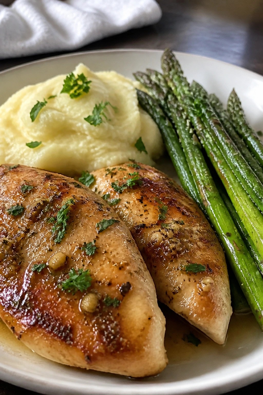 Garlic Butter Chicken and Asparagus with Creamy Mashed Potatoes
