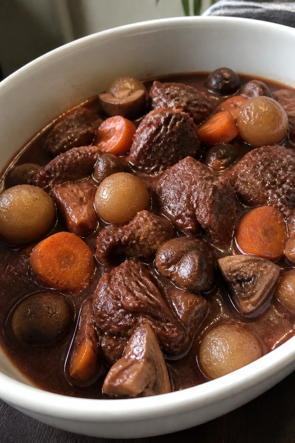 Red Wine Beef Stew with Mushrooms and Pearl Onions