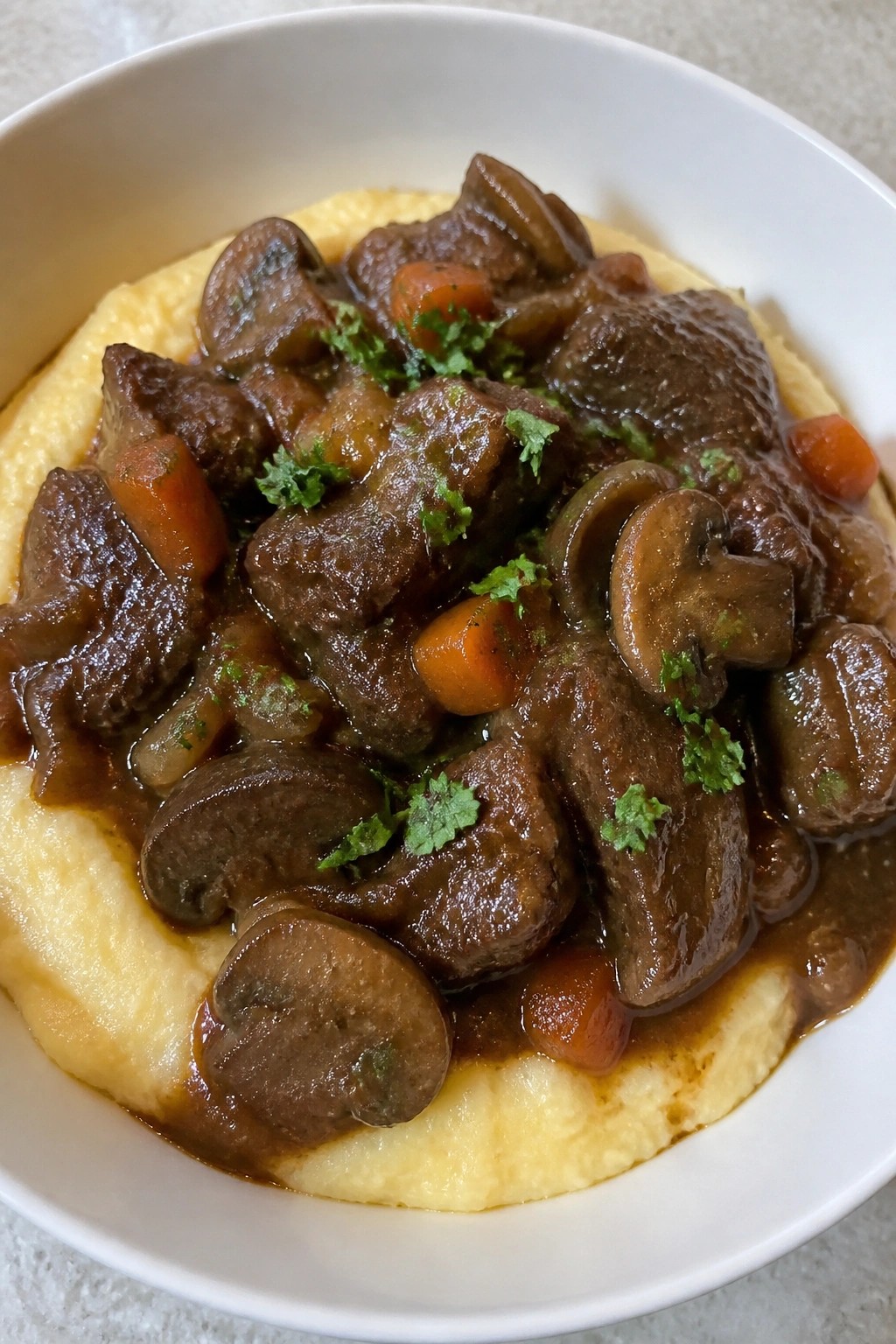 Guinness Beef and Mushroom Stew over Buttery Polenta