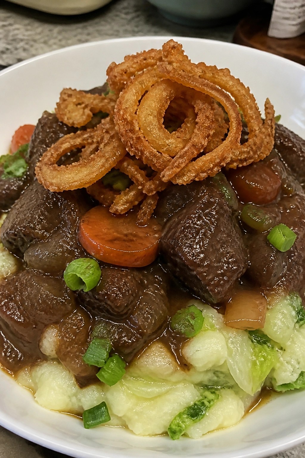 Guinness Beef Stew with Colcannon and Crispy Onions