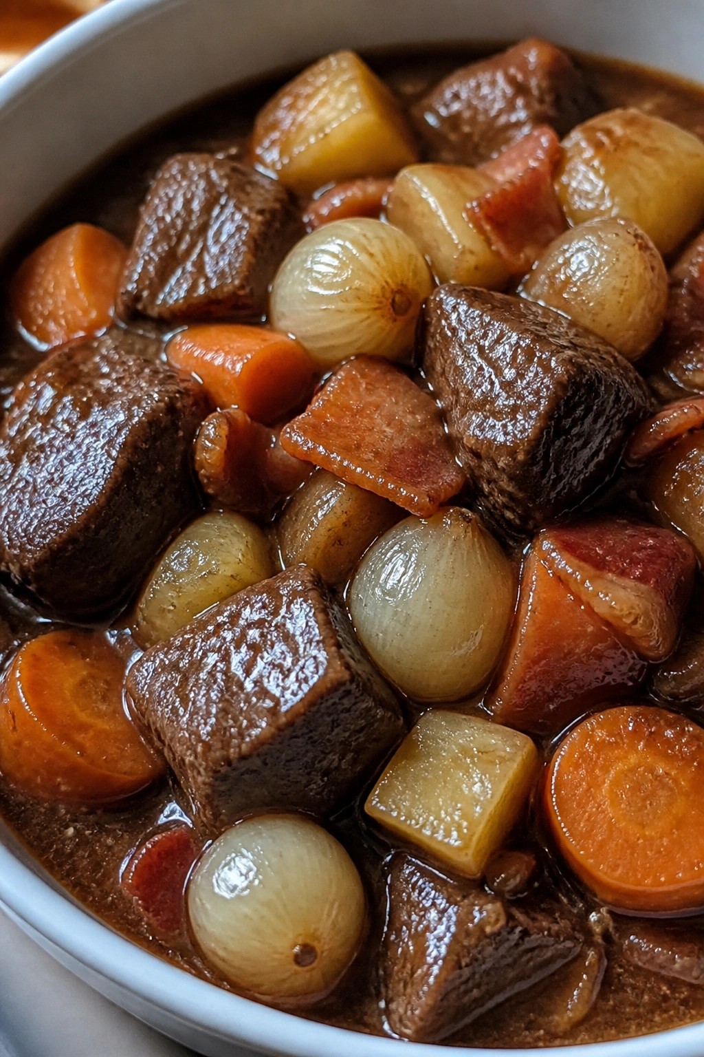 Smoky Bacon Guinness Beef Stew with Pearl Onions