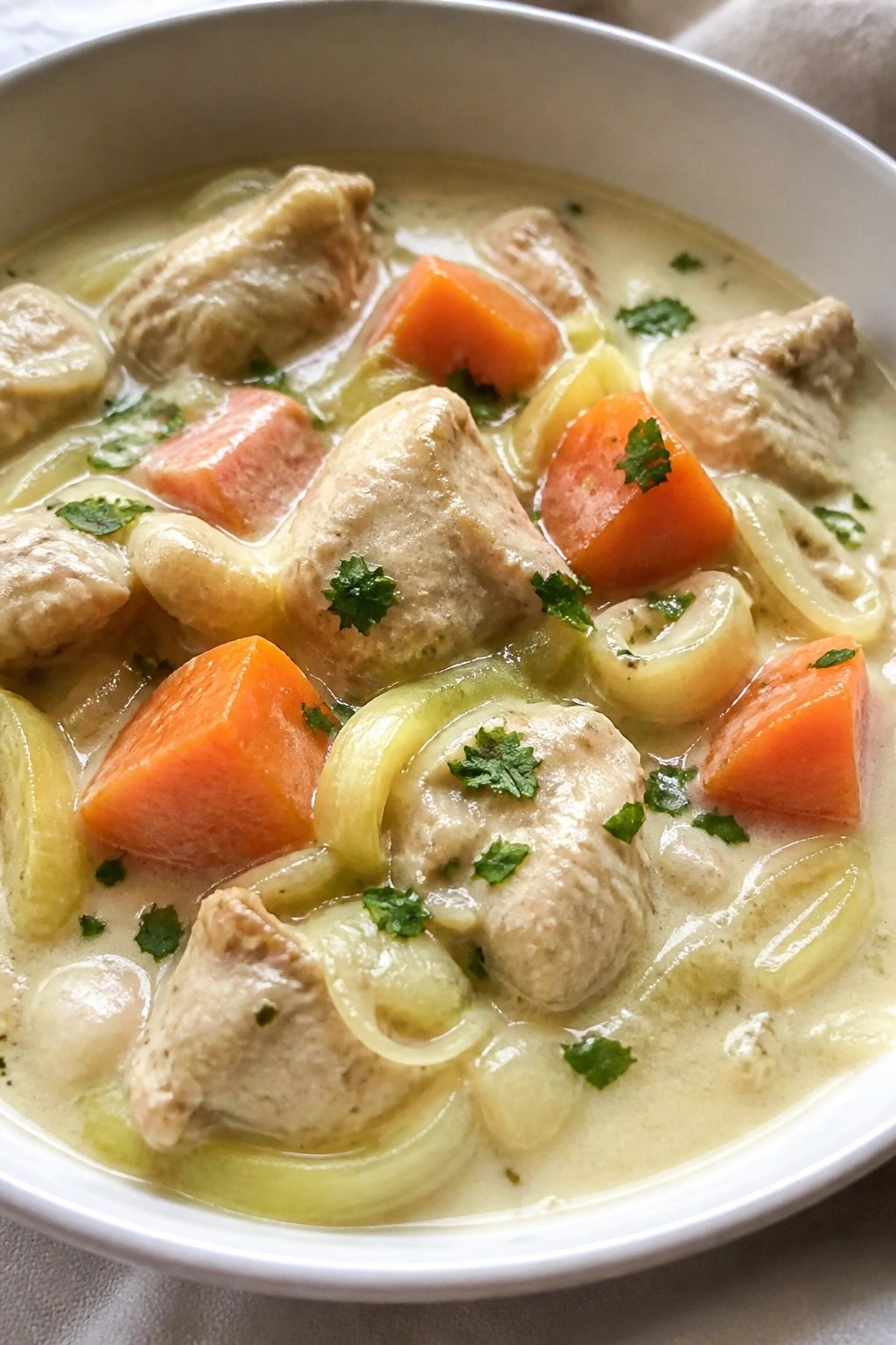 Creamy White Wine Chicken Stew with Leeks and Carrots