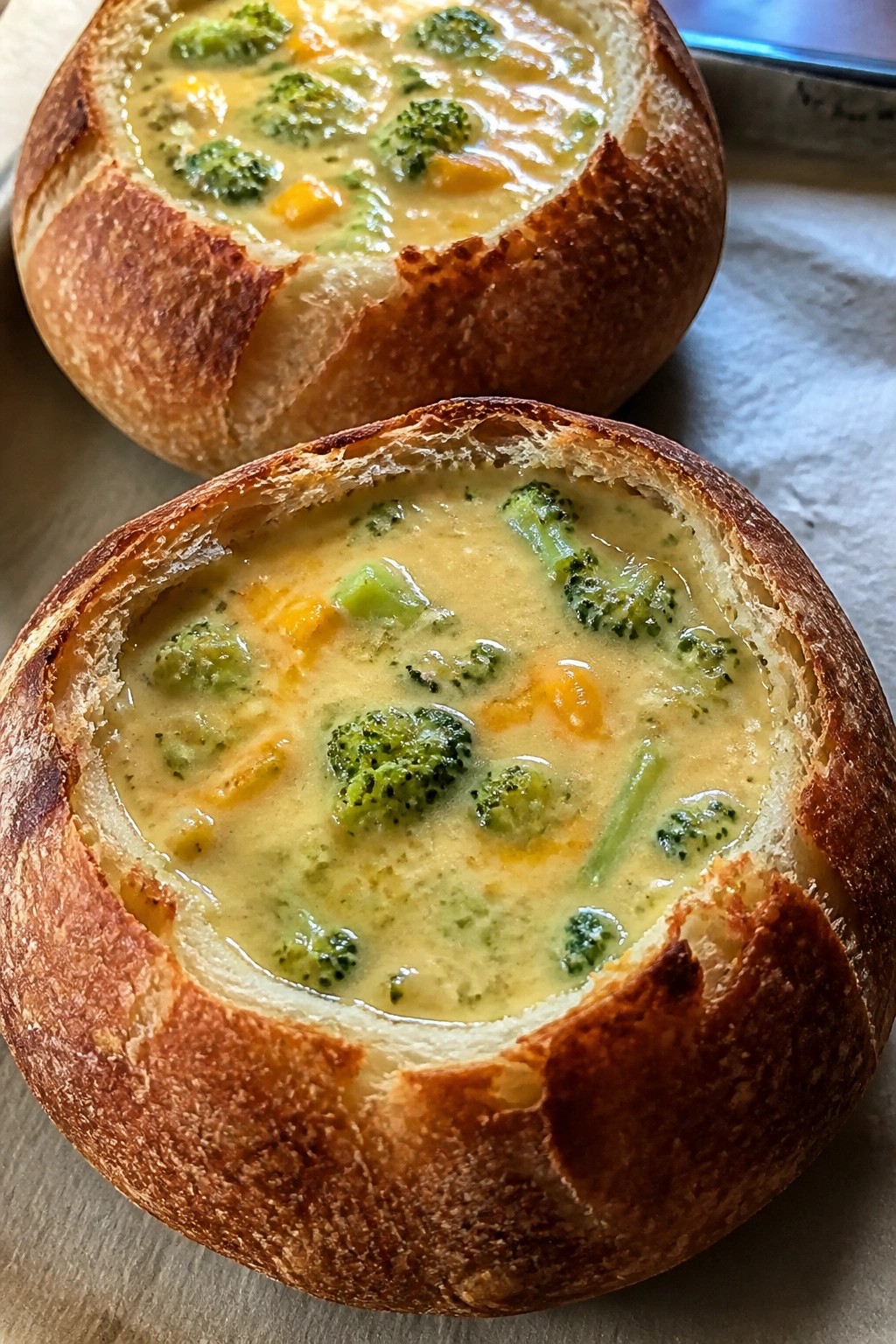 Cheesy Broccoli Cheddar Soup in Sourdough Bowls
