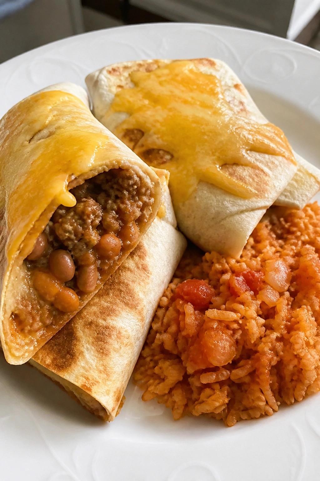 Cheesy Beef and Bean Burritos with Spanish Rice