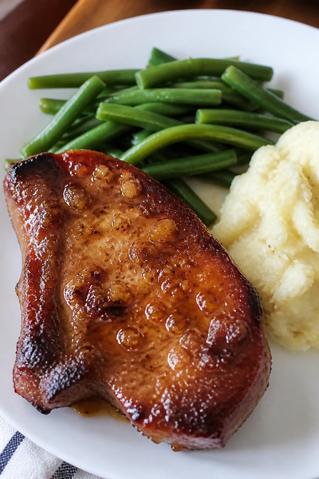 Honey Soy Pork Chops with Green Beans and Mashed Potatoes