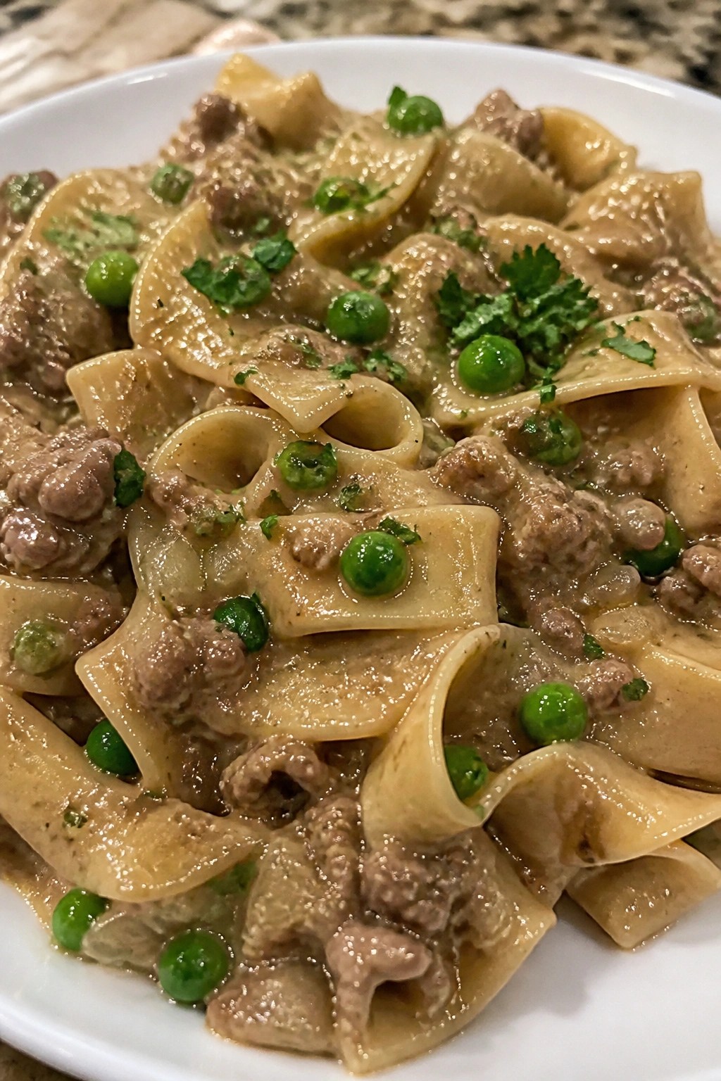 Beef Stroganoff with Egg Noodles and Peas
