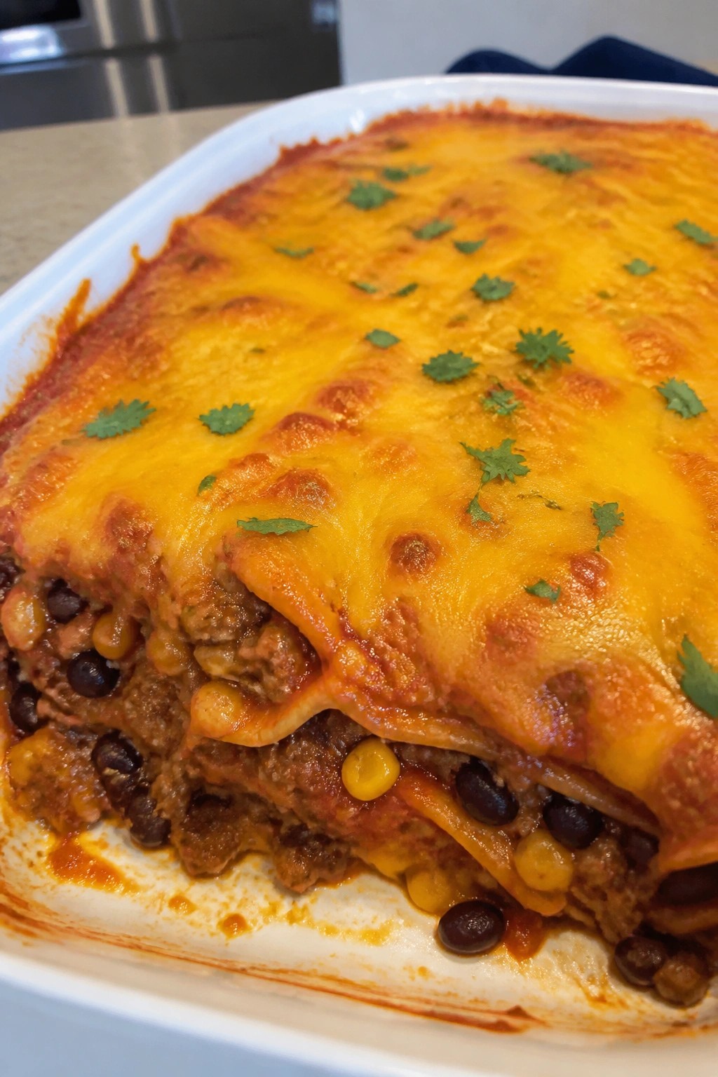 Mexican Beef Enchilada Bake with Corn Tortillas