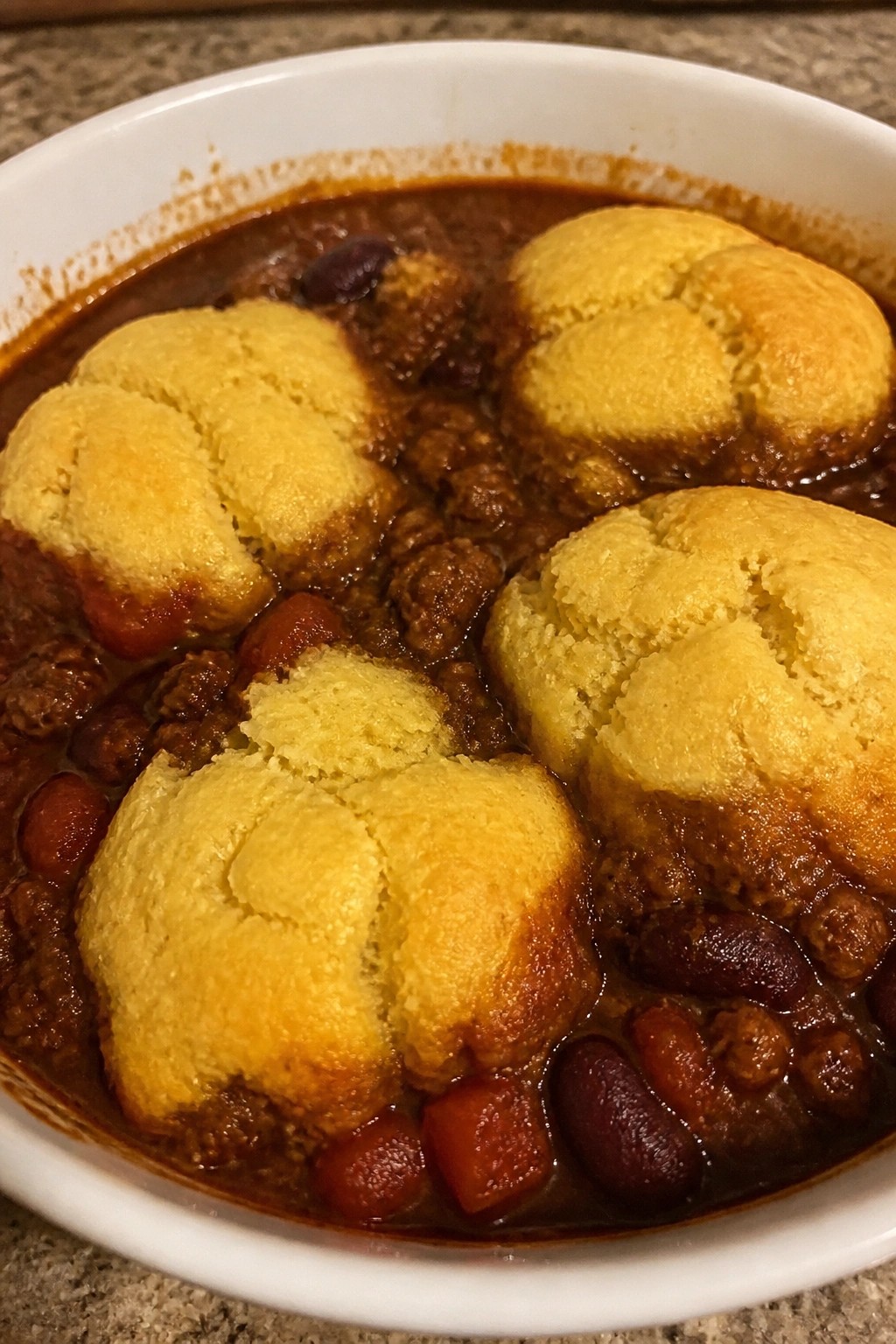 One-Pot Beef Chili with Cornbread Dumplings