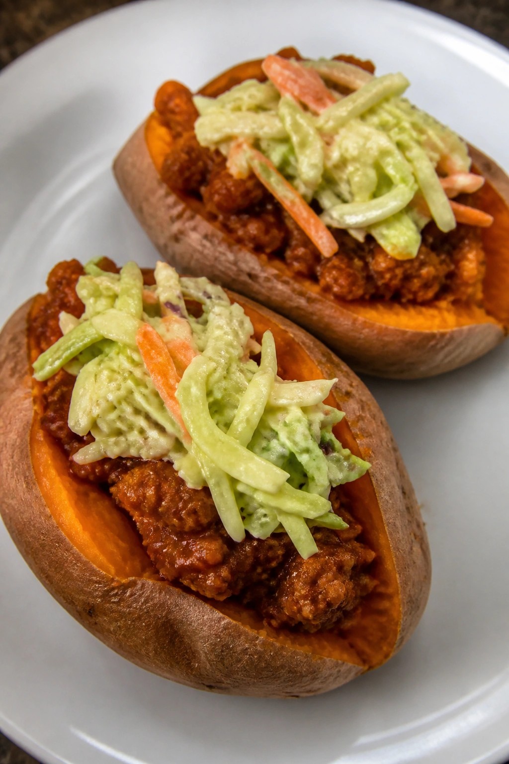 Sloppy Joe Stuffed Sweet Potatoes with Slaw