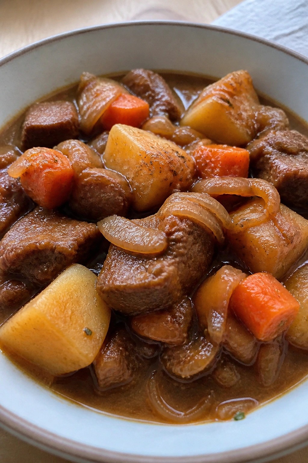 French Onion Beef Stew with Potatoes and Carrots