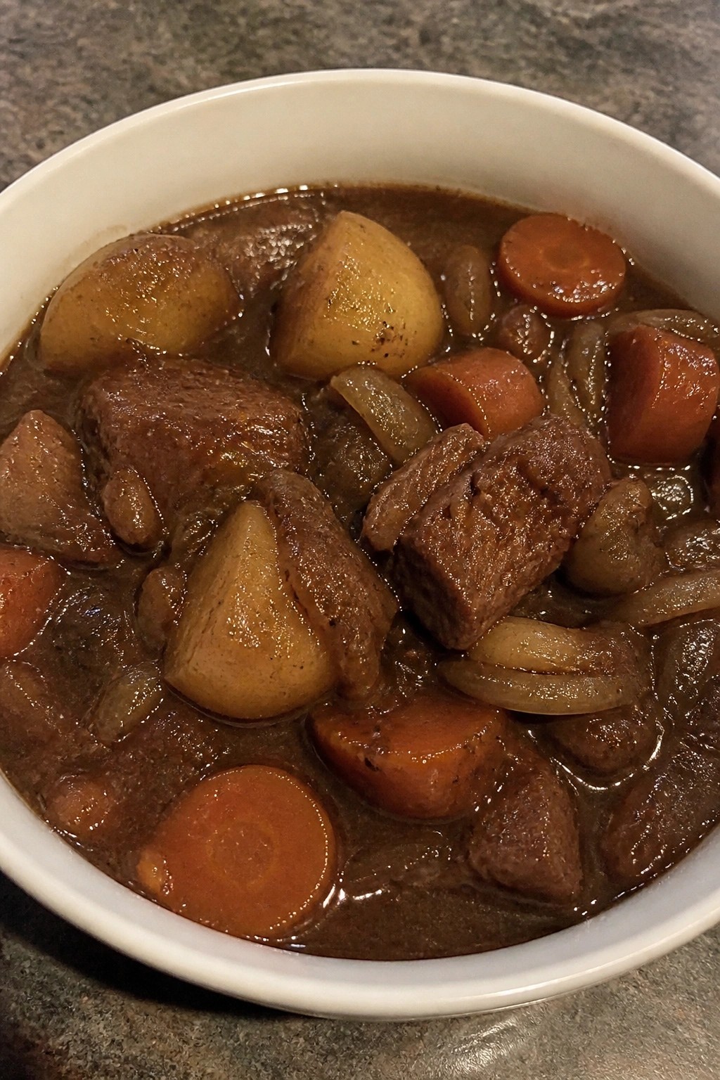 Guinness and Onion Beef Stew with Potatoes and Carrots