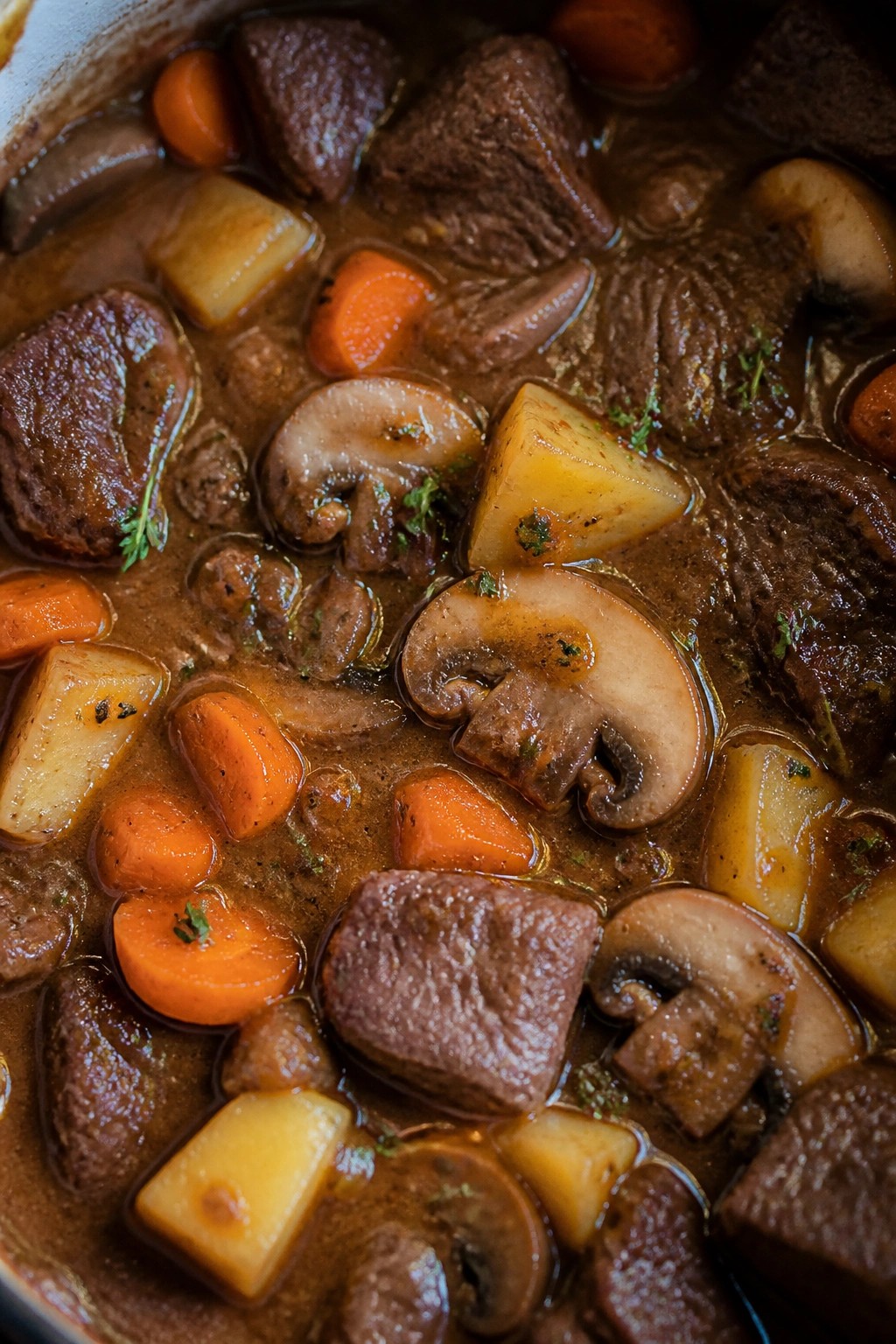 Mushroom and Thyme Beef Stew with Potatoes and Carrots