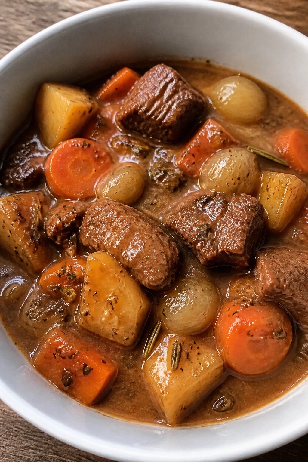 Rosemary and Pearl Onion Beef Stew with Potatoes and Carrots
