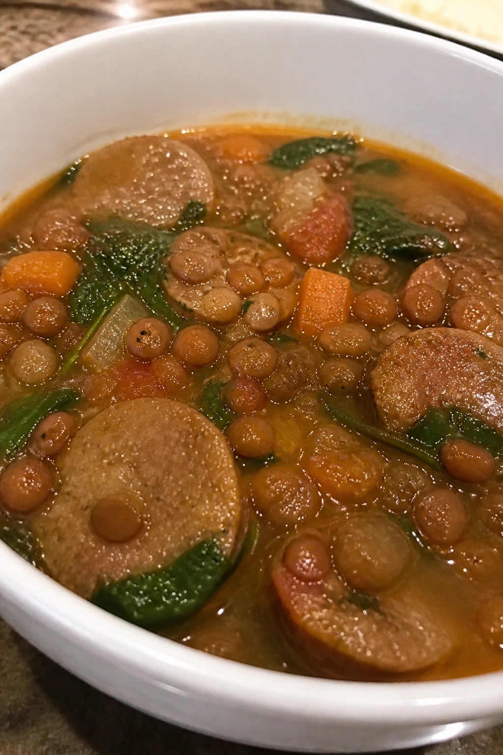Lentil Sausage and Spinach Soup
