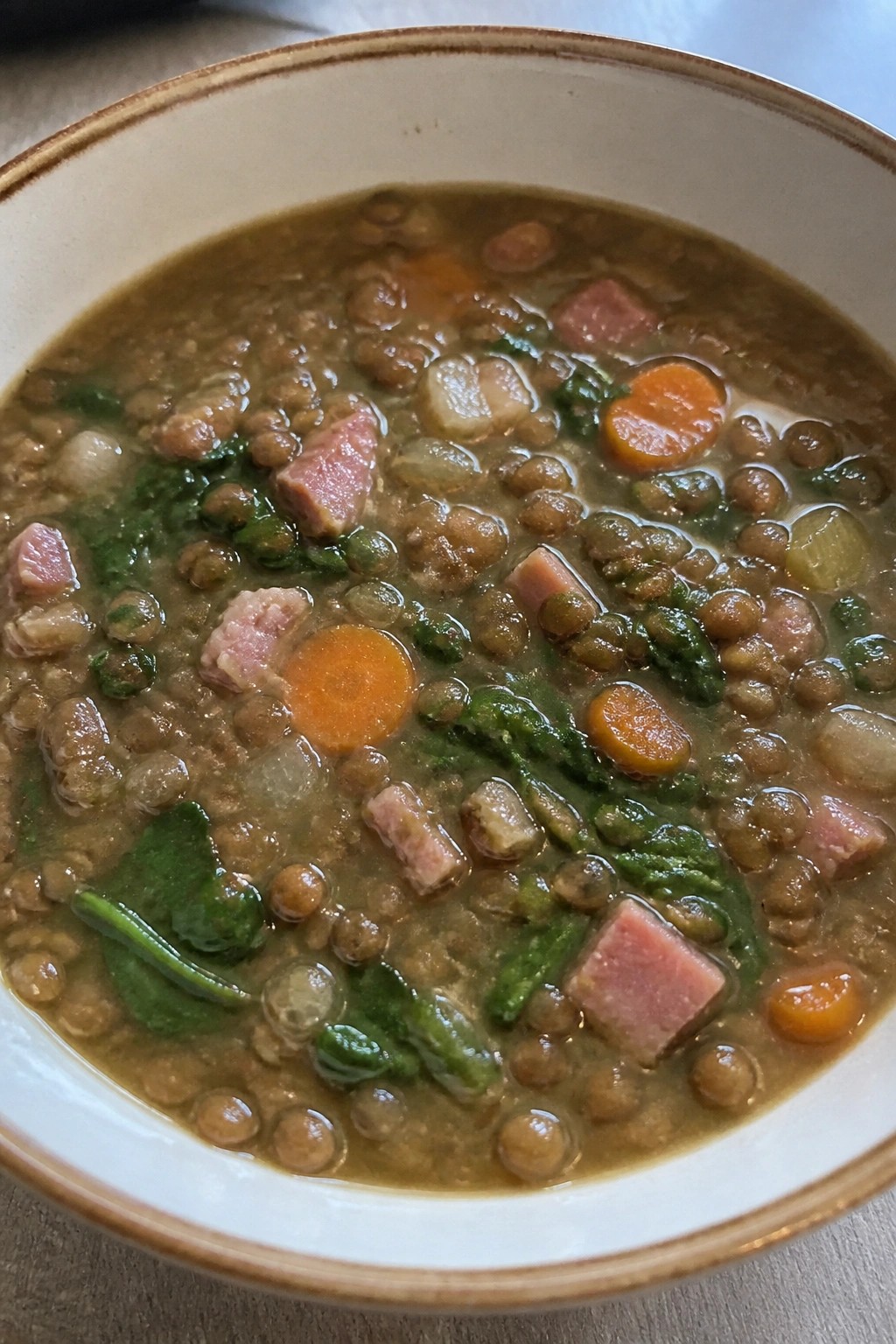 Savory Lentil and Ham Soup with Carrots and Spinach