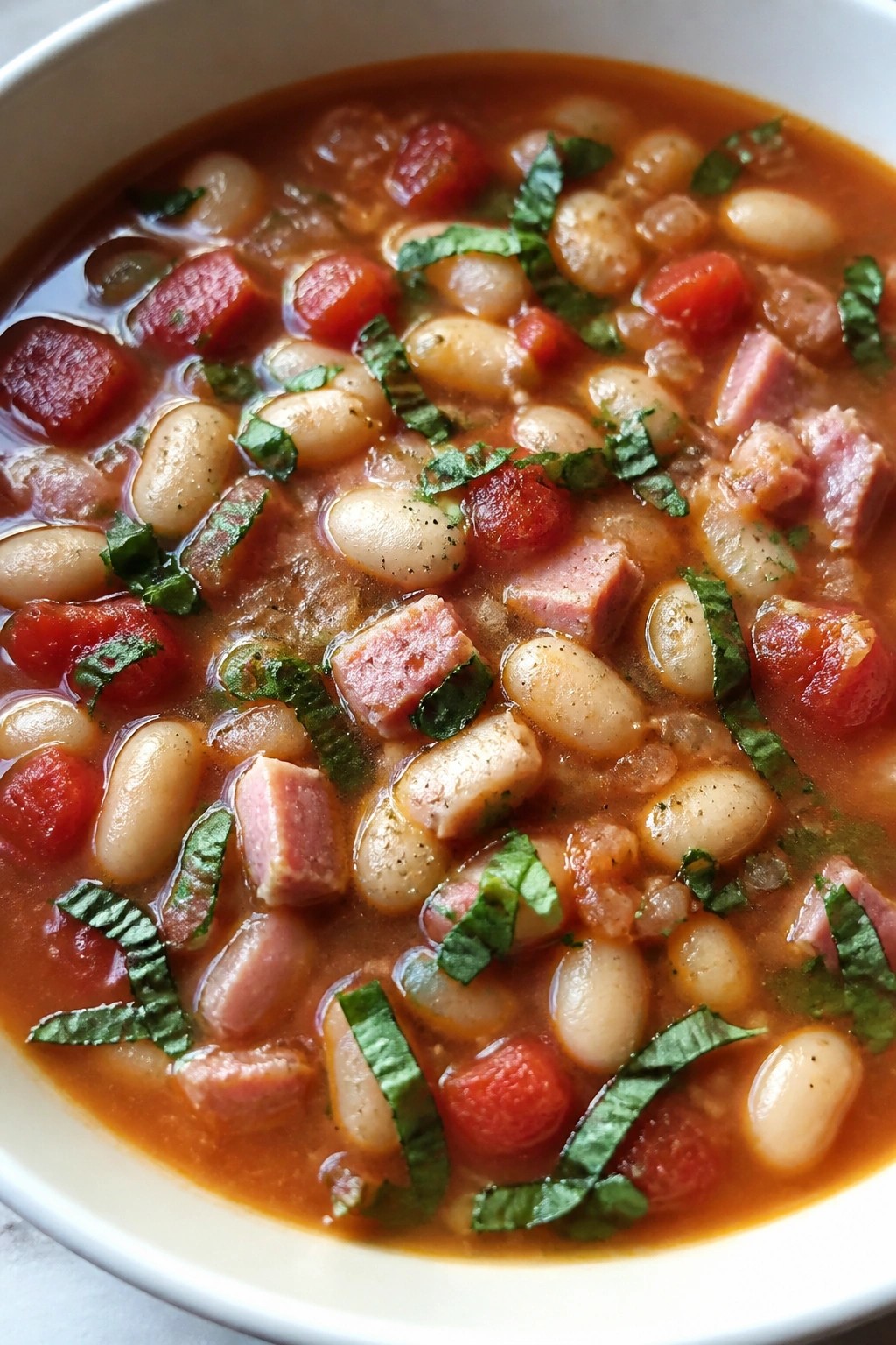 Tomato-Basil Great Northern Bean and Ham Soup
