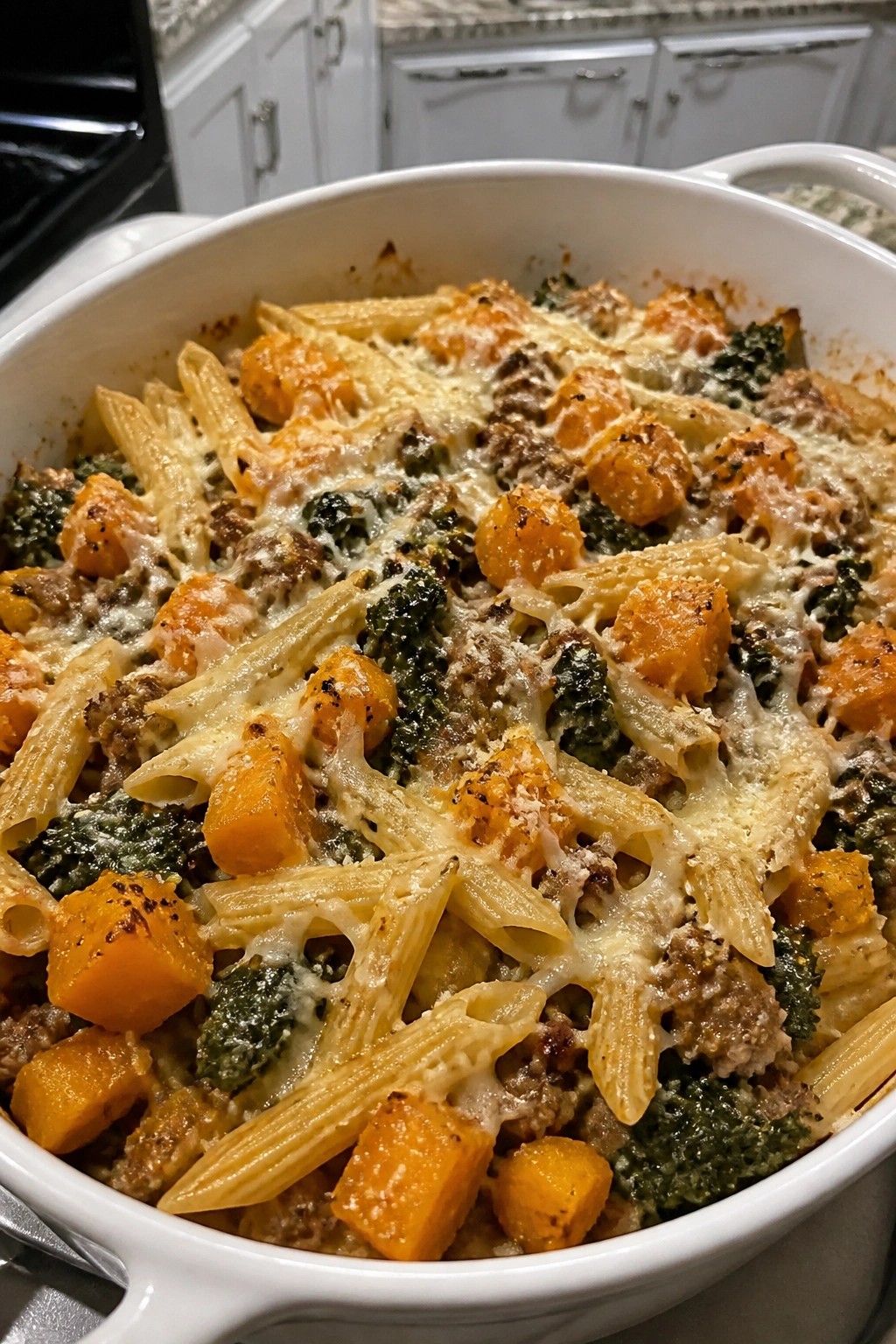 Butternut Squash, Kale, and Sausage Baked Pasta