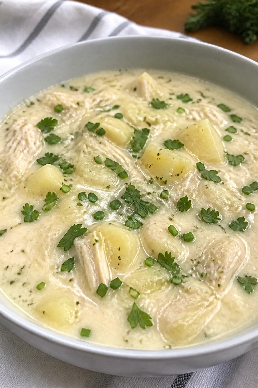 Slow Cooker Chicken Ranch Potato Soup with Fresh Herbs