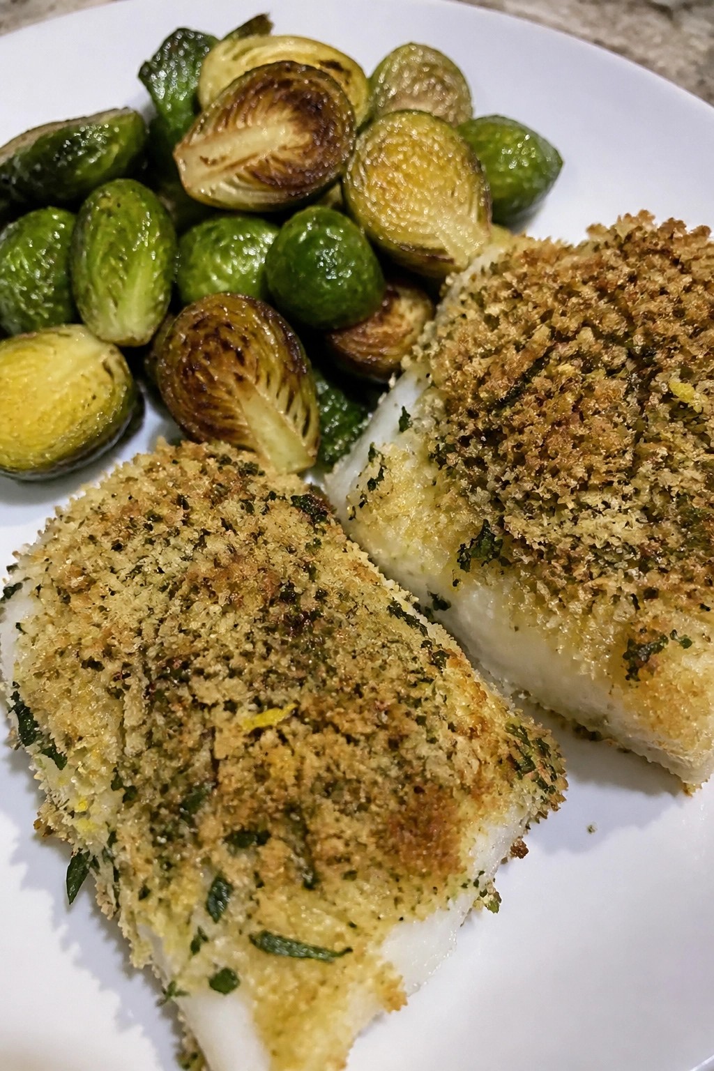 Baked Cod with Fresh Herb Crust and Lemon-Roasted Brussels Sprouts