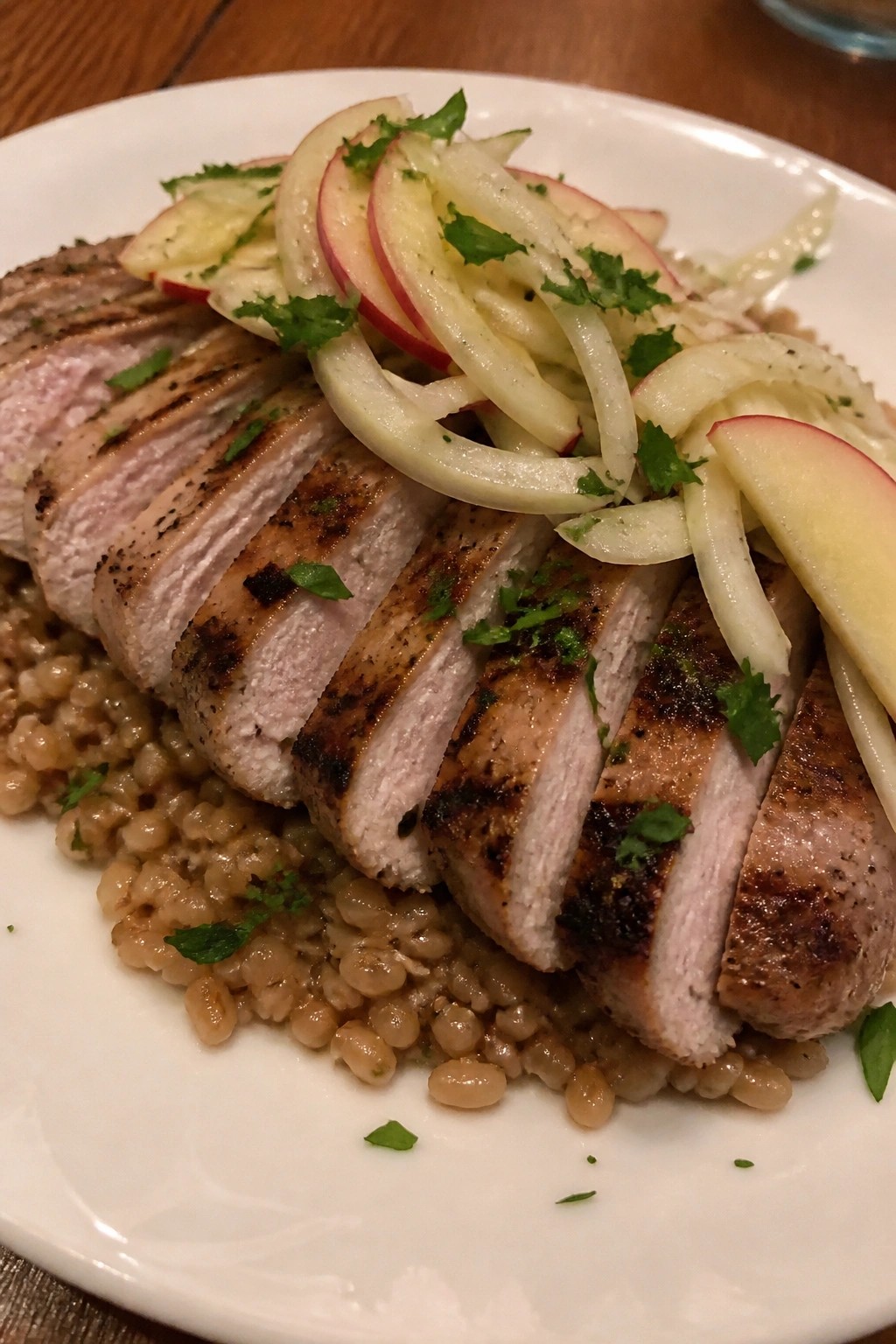 Grilled Pork Tenderloin with Apple-Fennel Salad and Farro