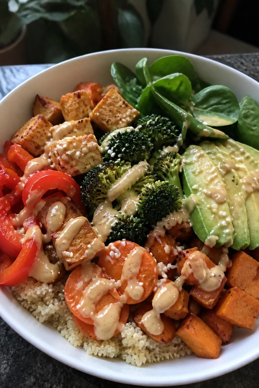 Roasted Vegetable and Tofu Buddha Bowl with Tahini Dressing