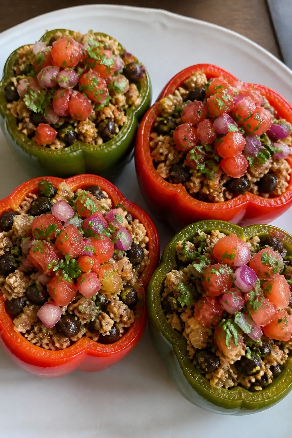 Turkey and Black Bean Stuffed Bell Peppers with Fresh Tomato Salsa