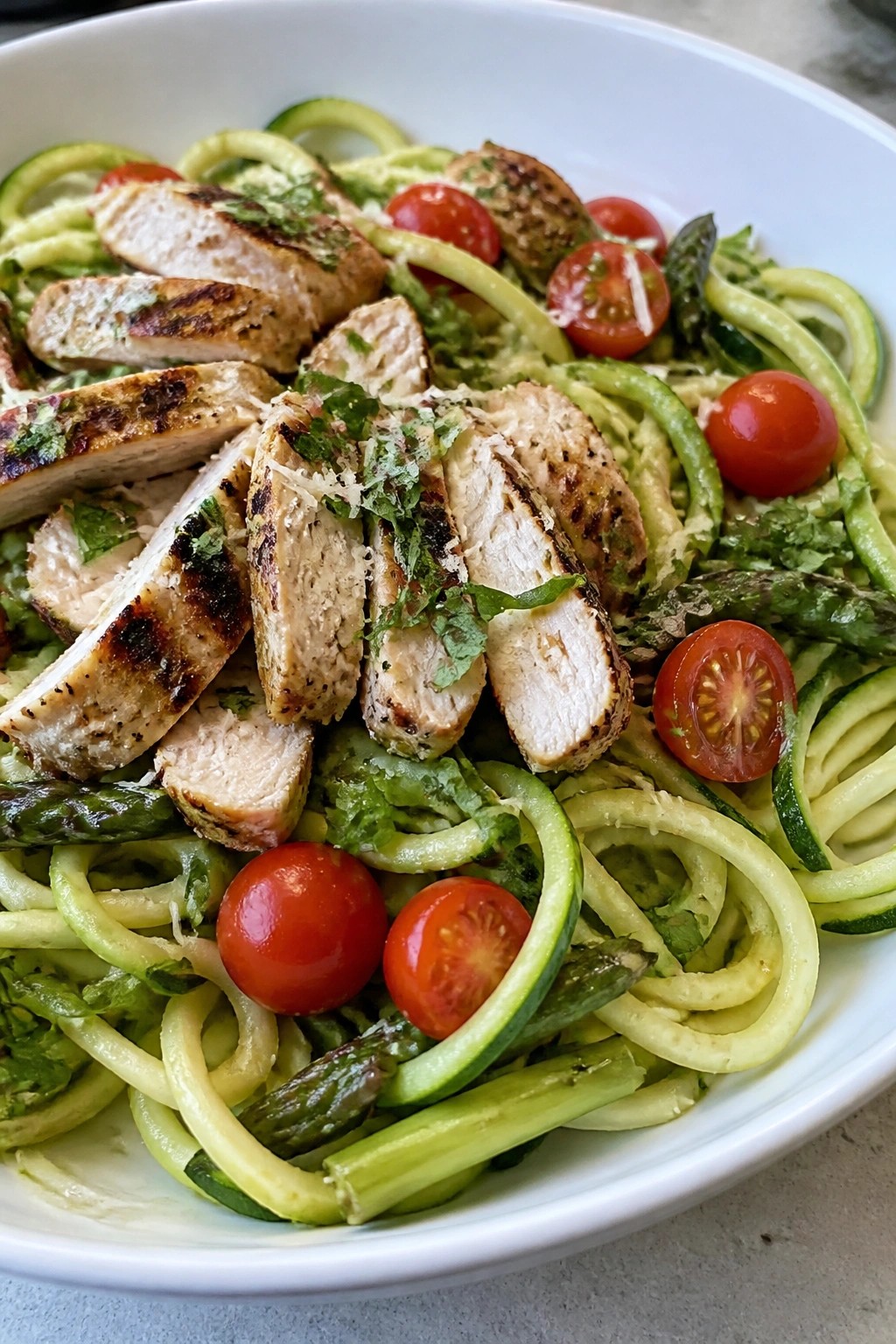 Zucchini Noodle Primavera with Grilled Chicken and Cherry Tomatoes
