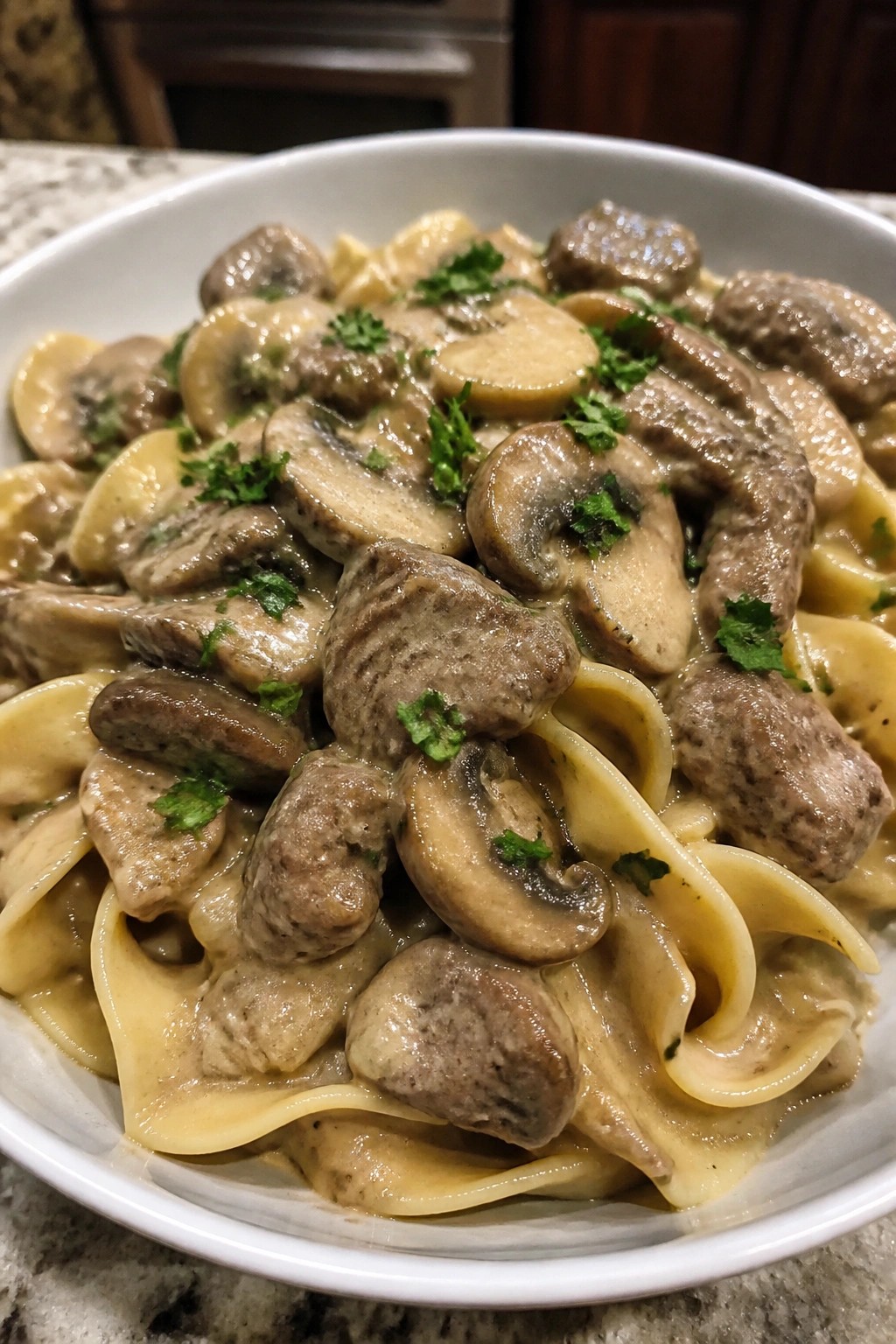 Beef Stroganoff over Buttered Egg Noodles