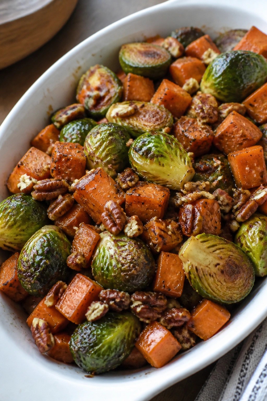Maple-Glazed Brussels Sprouts and Sweet Potato Hash with Pecans
