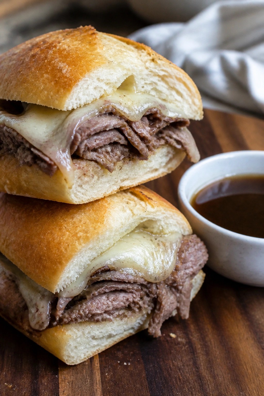 Slow Cooker French Cooker French Dip Sandwiches with Roasted Garlic Au Jus