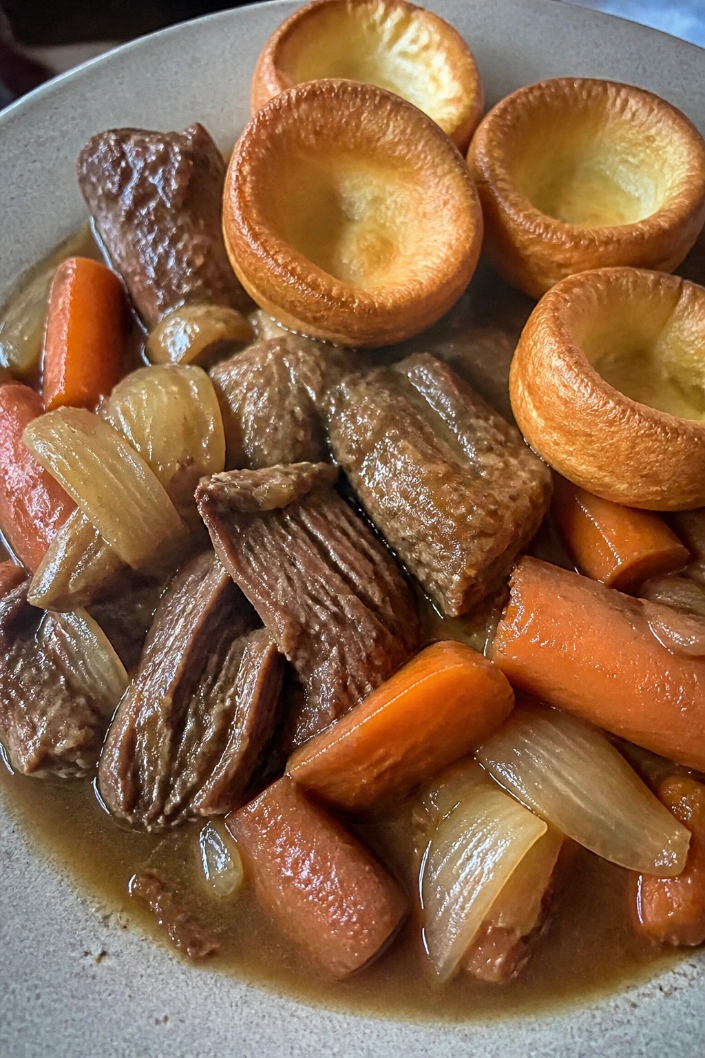 Slow Cooker Pot Roast with Carrots and Yorkshire Pudding