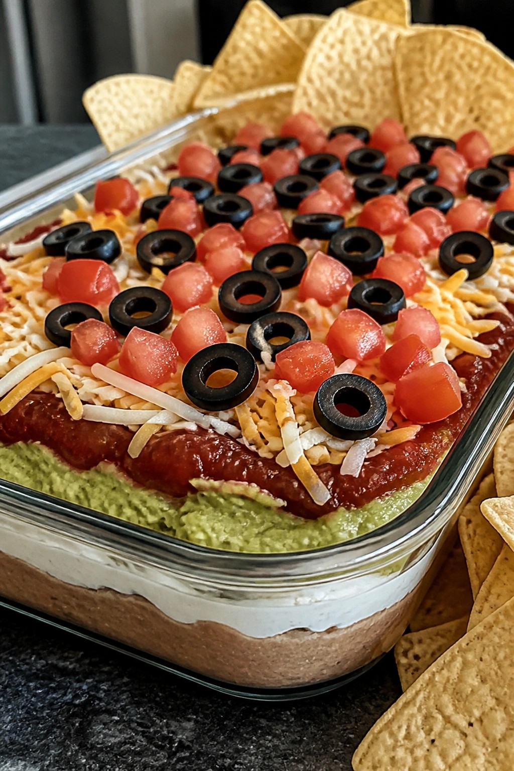 Seven-Layer Taco Dip with Tortilla Chips
