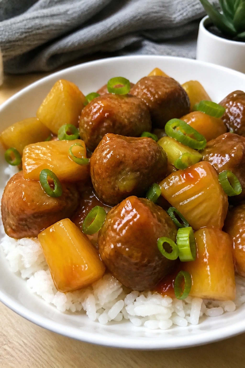 Sweet and Sour Meatballs with Pineapple over Rice
