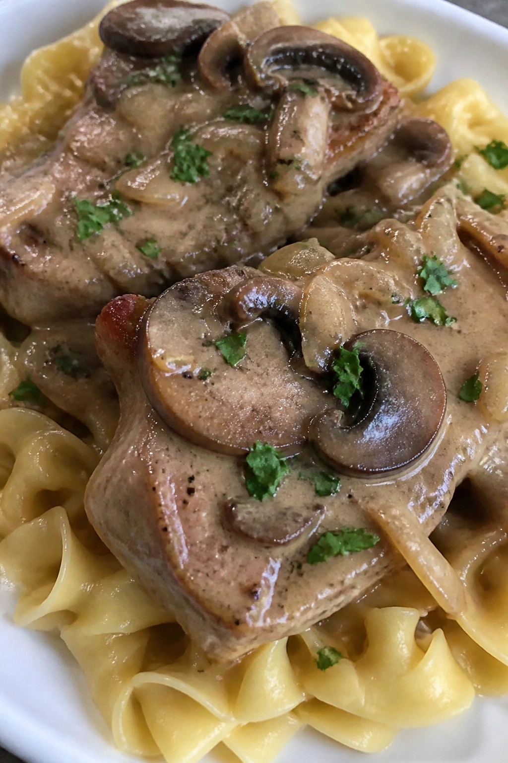 Creamy Mushroom Pork Chops with Buttered Egg Noodles