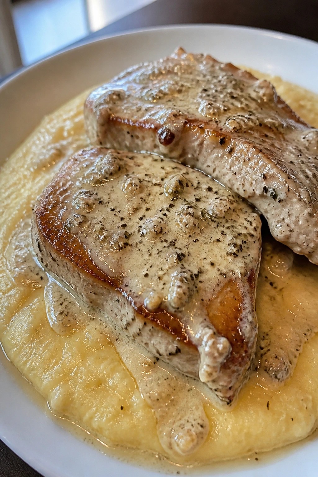 Garlic Parmesan Pork Chops over Creamy Polenta