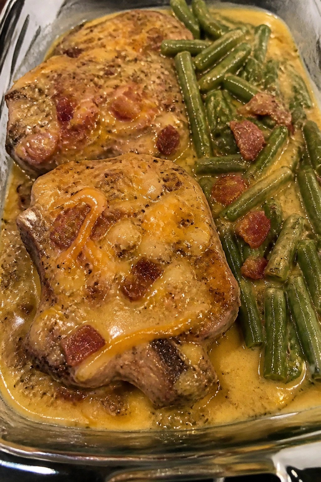 Smoky Bacon Cheddar Pork Chops with Green Beans