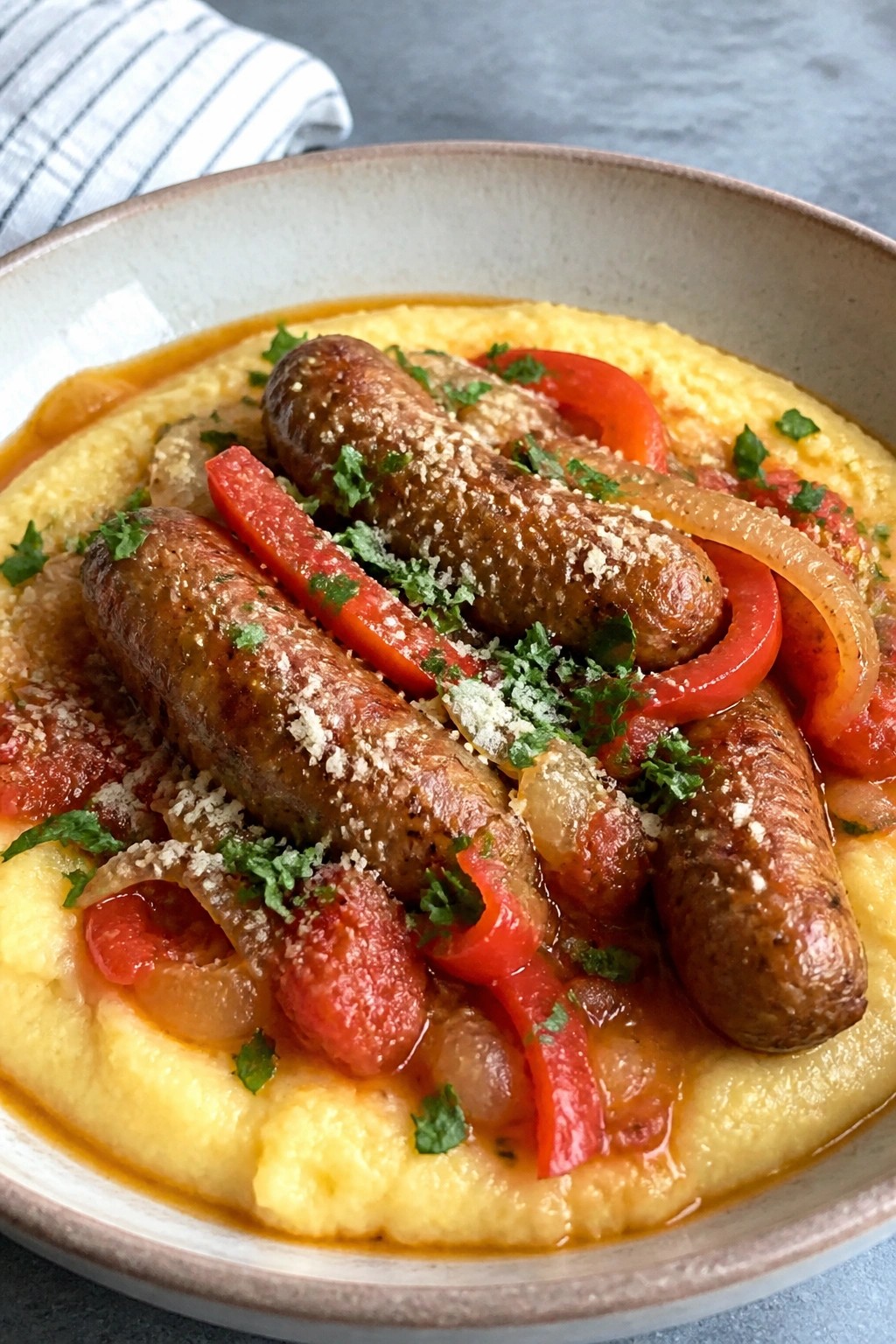 Slow Cooker Italian Sausage and Peppers over Creamy Polenta