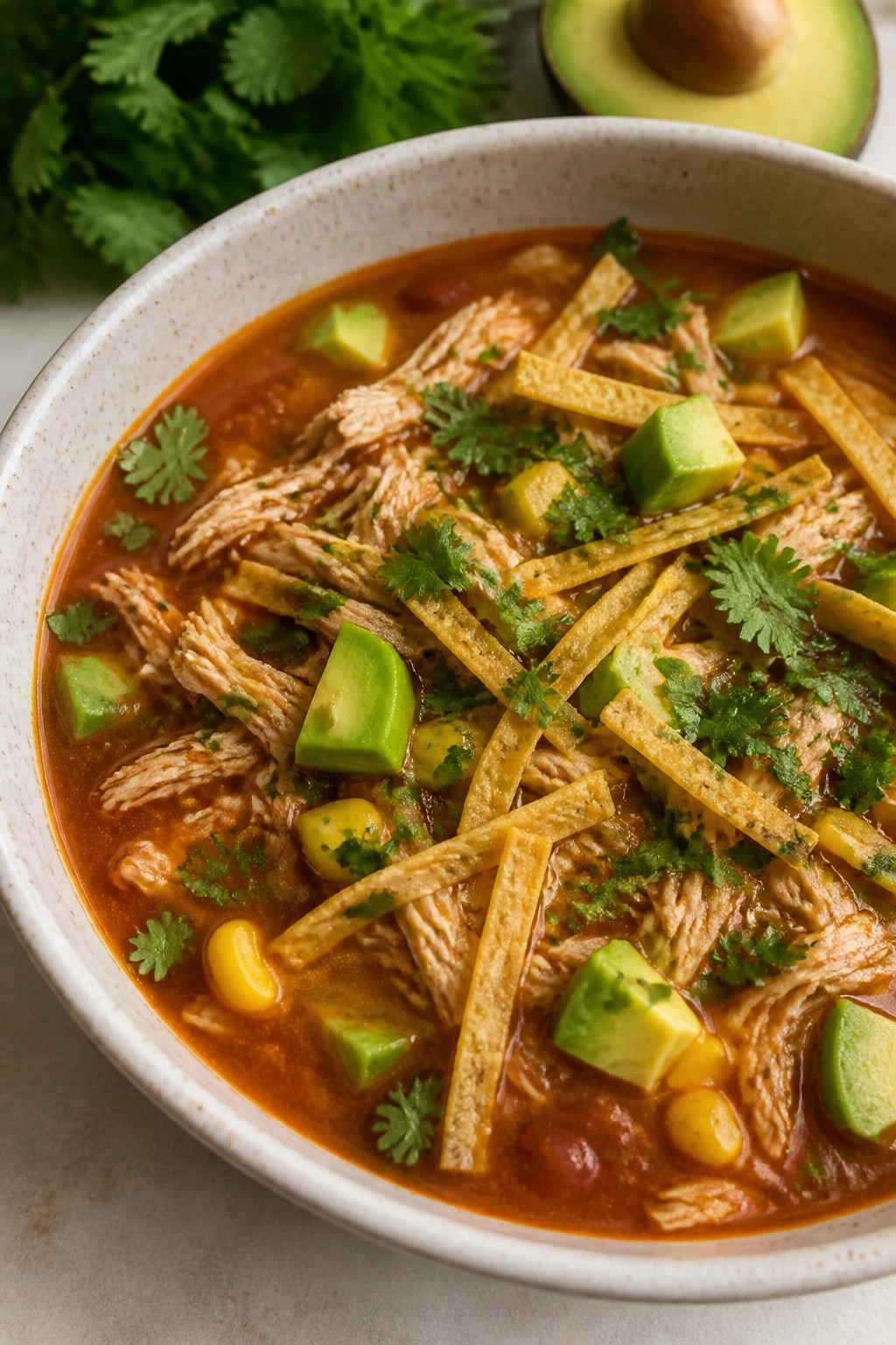 Slow Cooker Chicken Tortilla Soup with Avocado