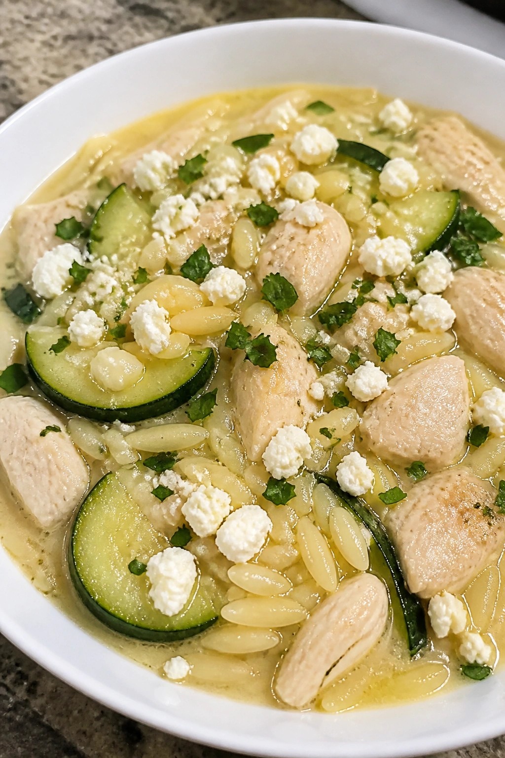 Crockpot Greek Lemon Chicken with Zucchini and Orzo