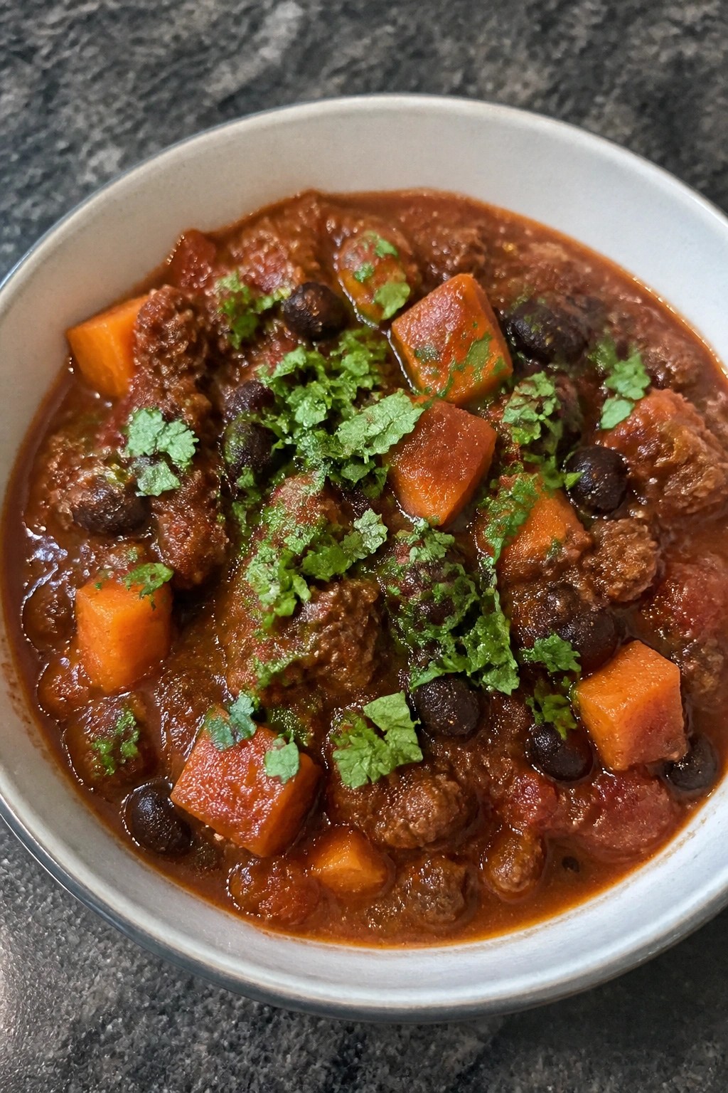 Lean Beef and Sweet Potato Chili with Cilantro