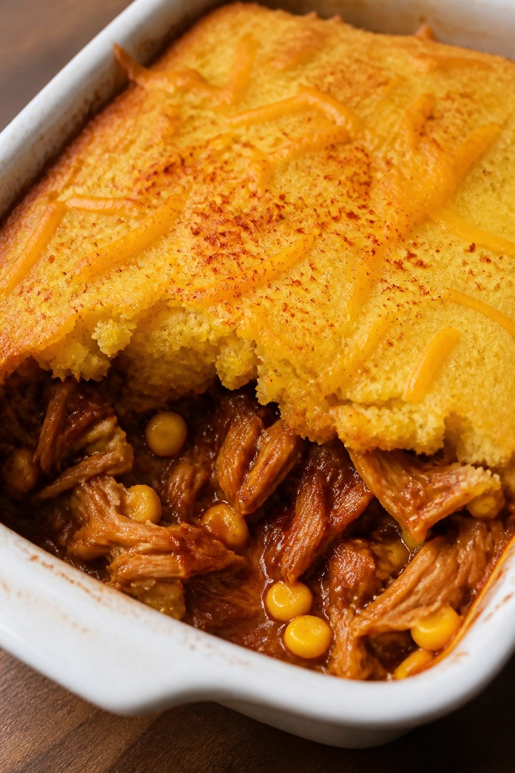 Cheesy BBQ Pulled Pork and Cornbread Crockpot Casserole