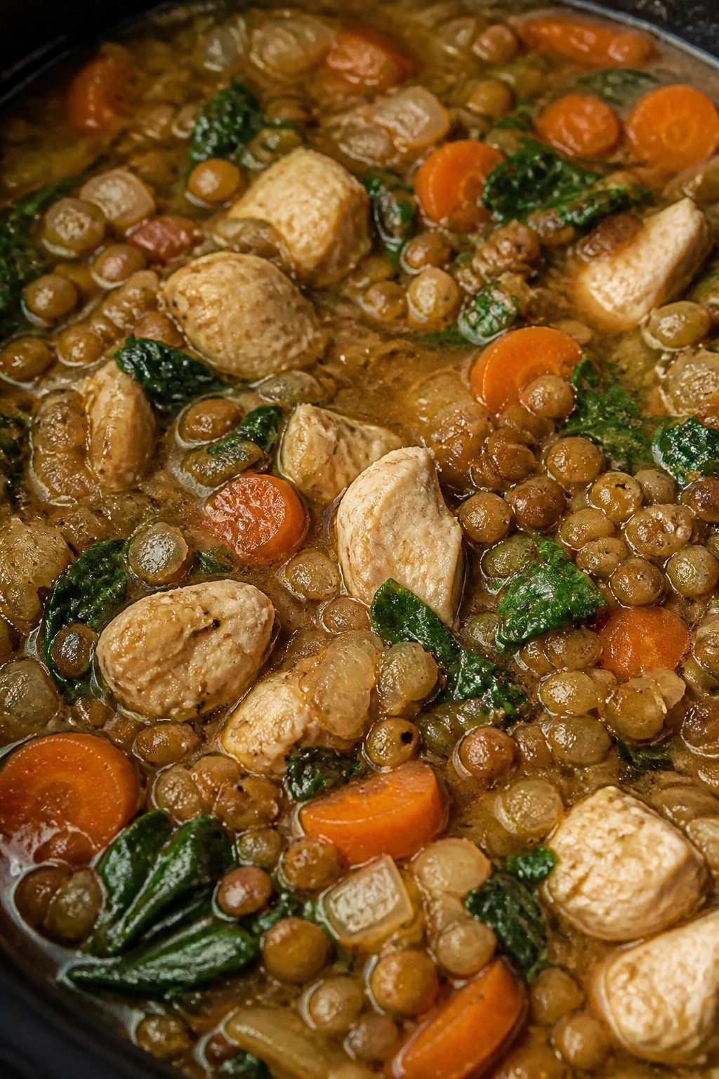 Crockpot Chicken Lentil Stew with Spinach