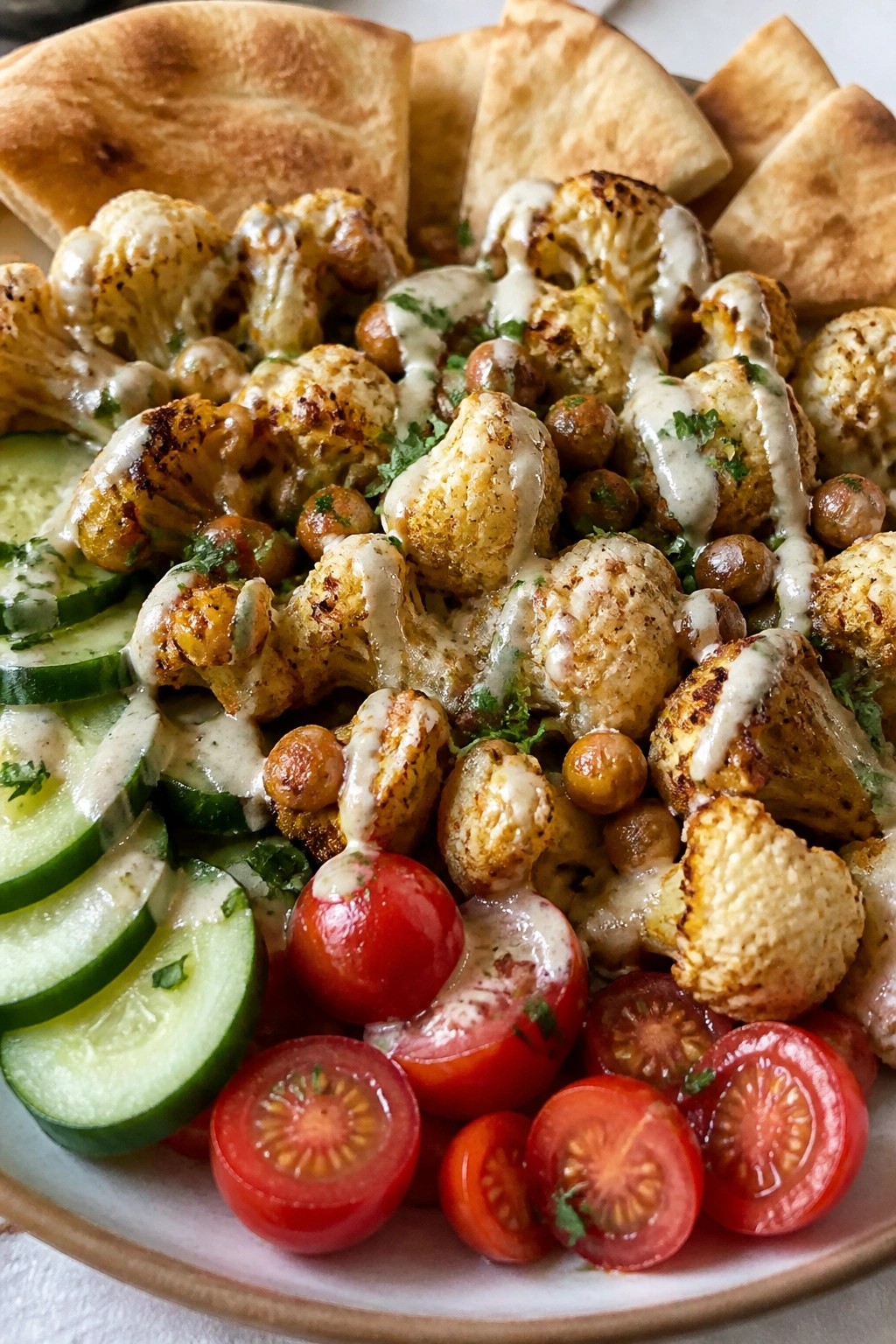 Roasted Cauliflower and Chickpea Shawarma Platter