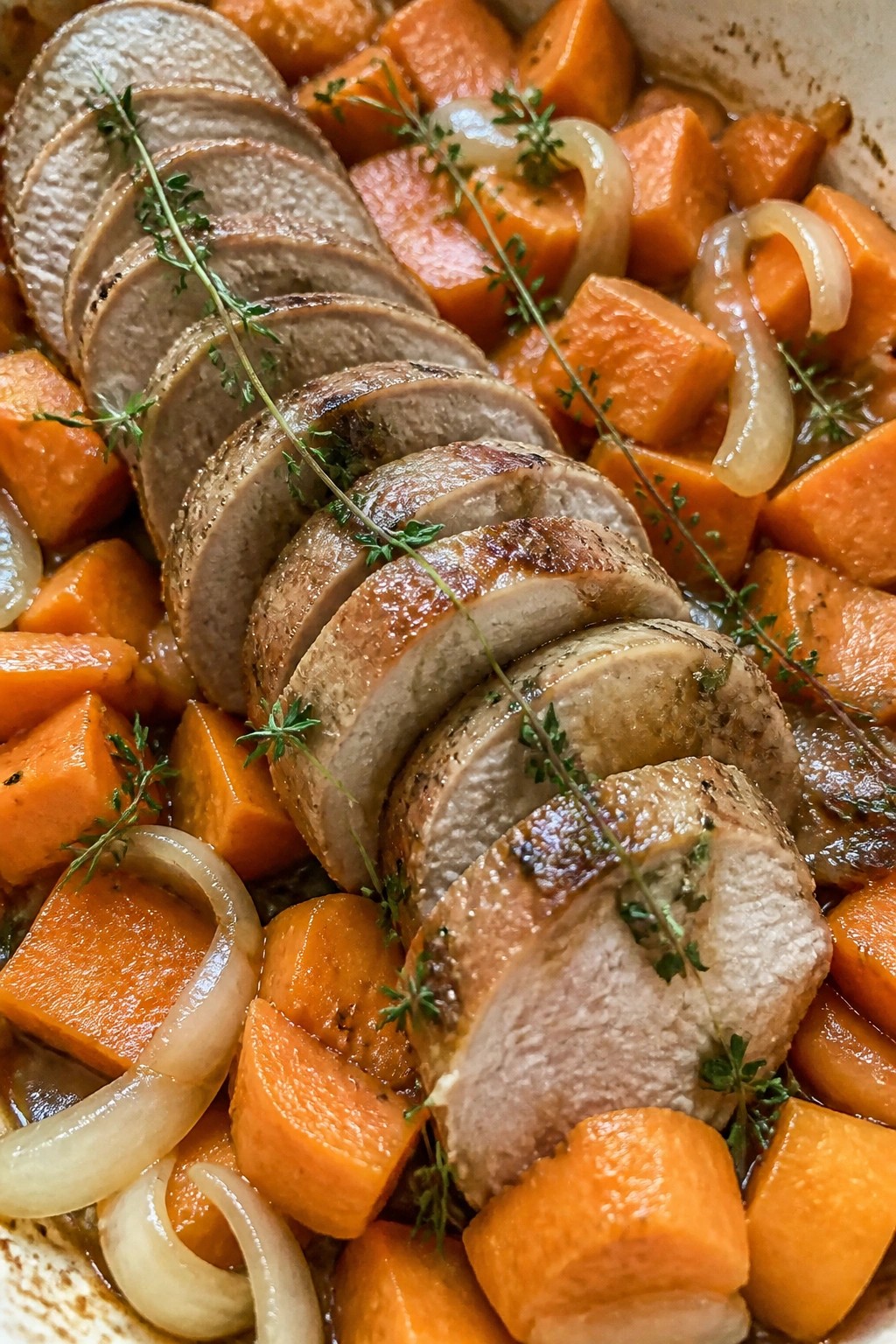Slow Cooker Apple Cider Braised Pork Tenderloin with Sweet Potatoes